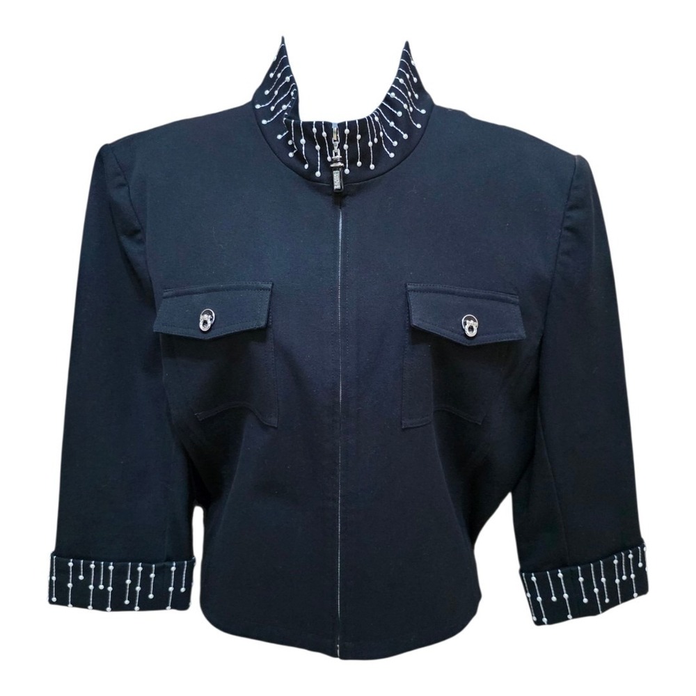 St. John Sport by Marie Gray Size Large Black Crop Jacket Faux Pearl Zip Front